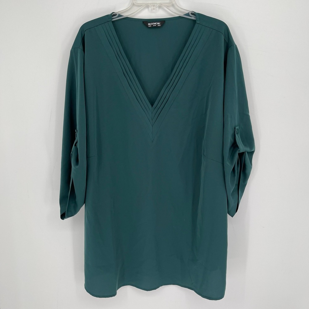 BloomChic Women's Green Pleated V-Neck Roll Tab Sleeve Blouse Plus Size 28 4X